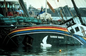 Rainbow Warrior in Auckland Harbour after bombing by French secret service agents.
