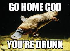 Duck-billed platypus: "Go home God, you're drunk."