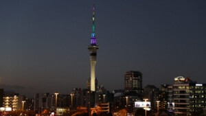 In Auckland, the Sky Tower was lit in rainbow colours in memory of those killed in the Orlando shooting. (Source: stuff.co.nz and Chris McKeen/Fairfax NZ)