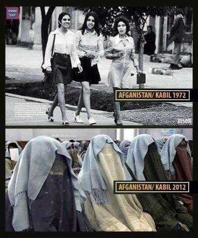 Women in Kabul 1972 (mini skirts) vs 2012 (burqa-clad).