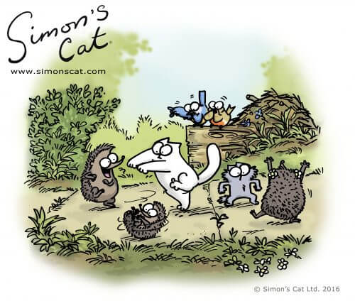 Simon's Cat and Kitten dancing with three hedgehogs while two birds cat call.
