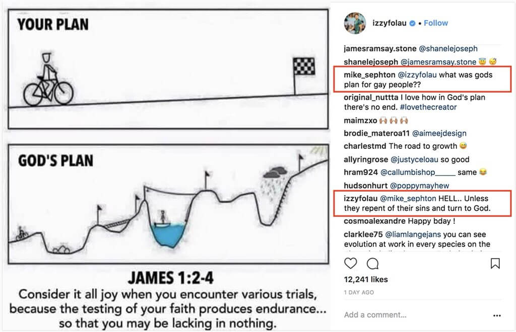 Folau Tweet on God's plan and his anti-gay response from Instagram.