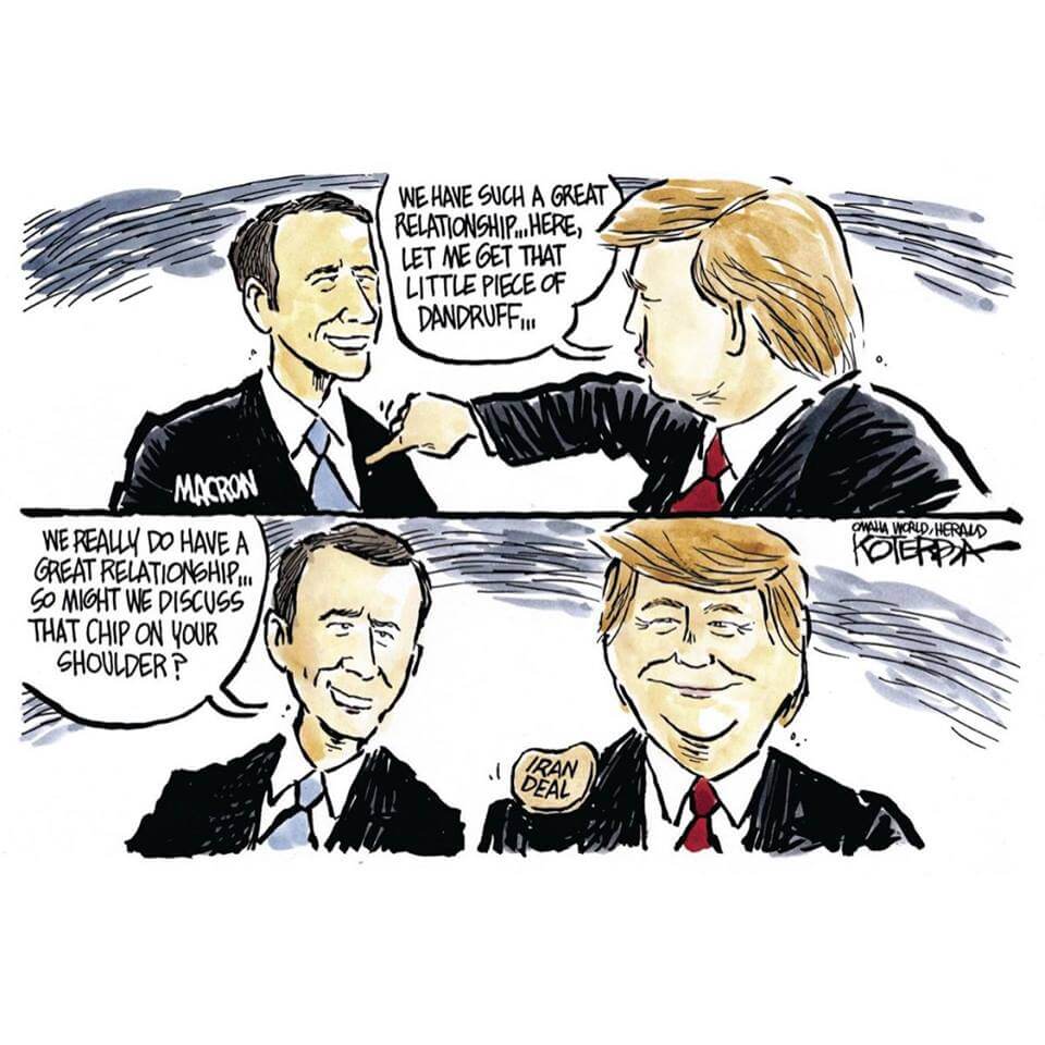 Macron Trump cartoon re Iran deal