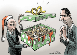 Cartoon Putin presenting Aleppo to Assad