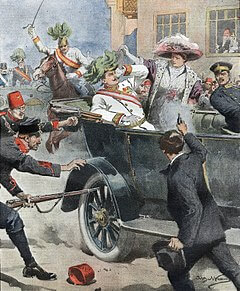 Assassination illustrated in the Italian newspaper Domenica del Corriere, 12 July 1914 by Achille Beltrame