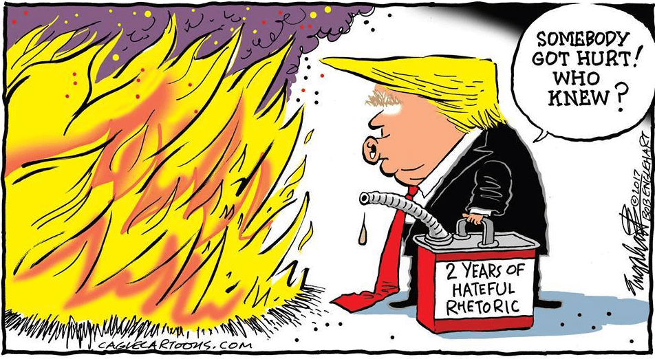 Cartoon: trump putting out the fire with gasoline