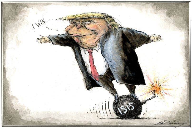 Cartoon: Trump standing on a lit bomb labelled ISIS