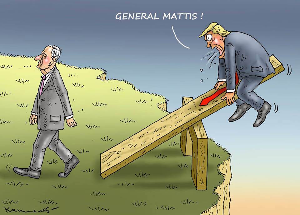 Cartoon: Mattis walking away from his side of a see-saw. Trump side above a cliff.