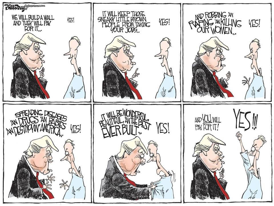 Cartoon: Trump persuading a voter he will pay for a southern border wall using emotion.