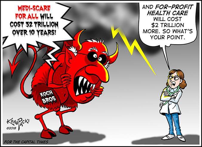 Cartoon: Koch Brothers attempt to scare USians with cost of BernieCare