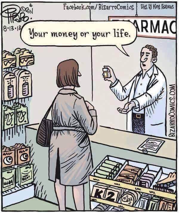 Bizarro Cartoon: Pharmacist to customer: "Your money or your life."