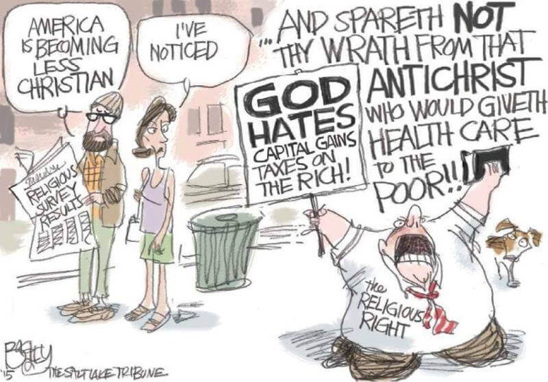 Cartoon: Religious Right acting in an un-Christian way re money and healthcare