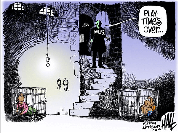 Very dark cartoon of Miller's new responsibilities.